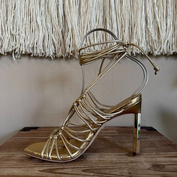 Sam Edelman Lylah Gold Metallic Open Toe Strappy Ankle Wrap High Heels Size 8.5 - Picture 9 of 15